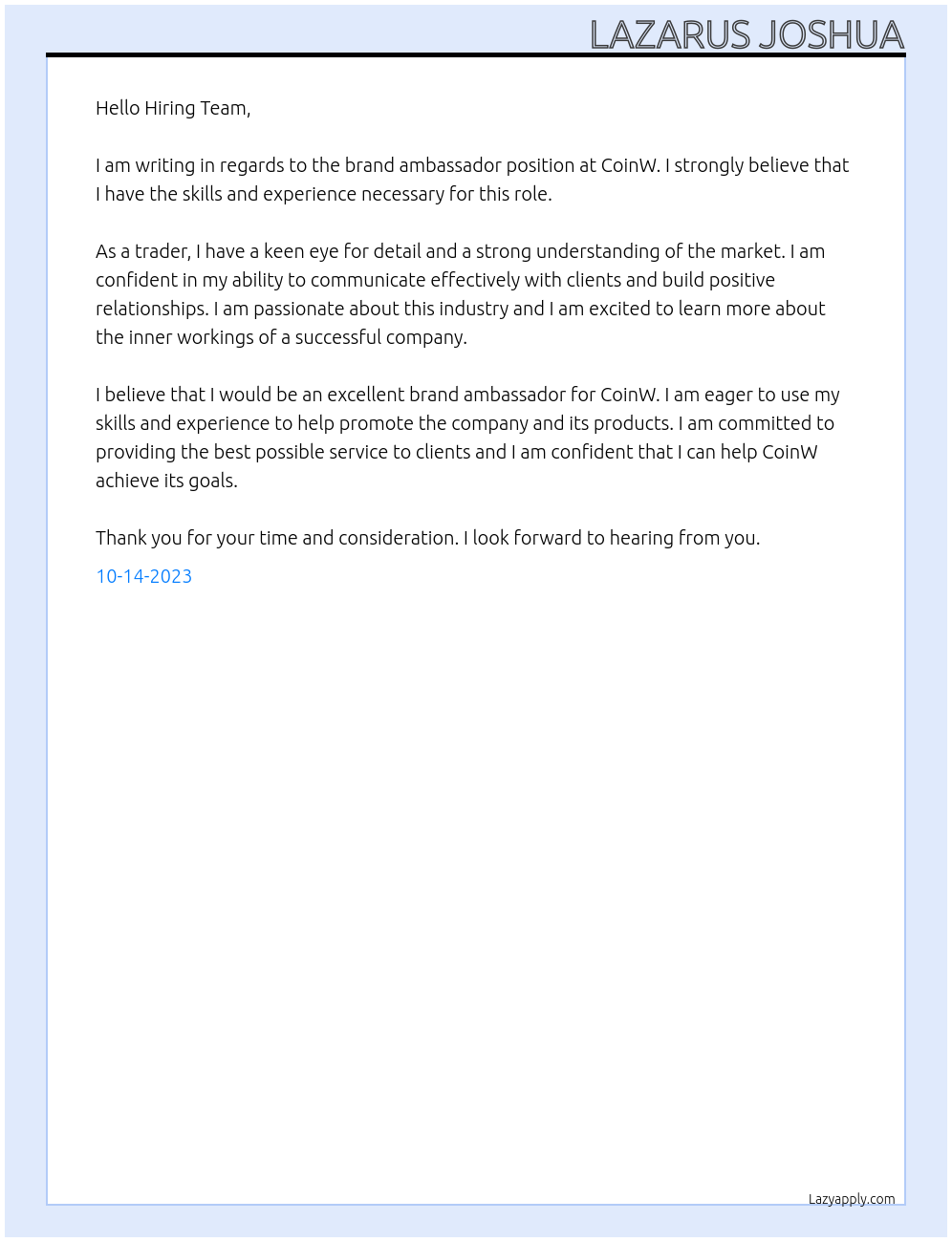 brand ambassador At CoinW Cover Letter