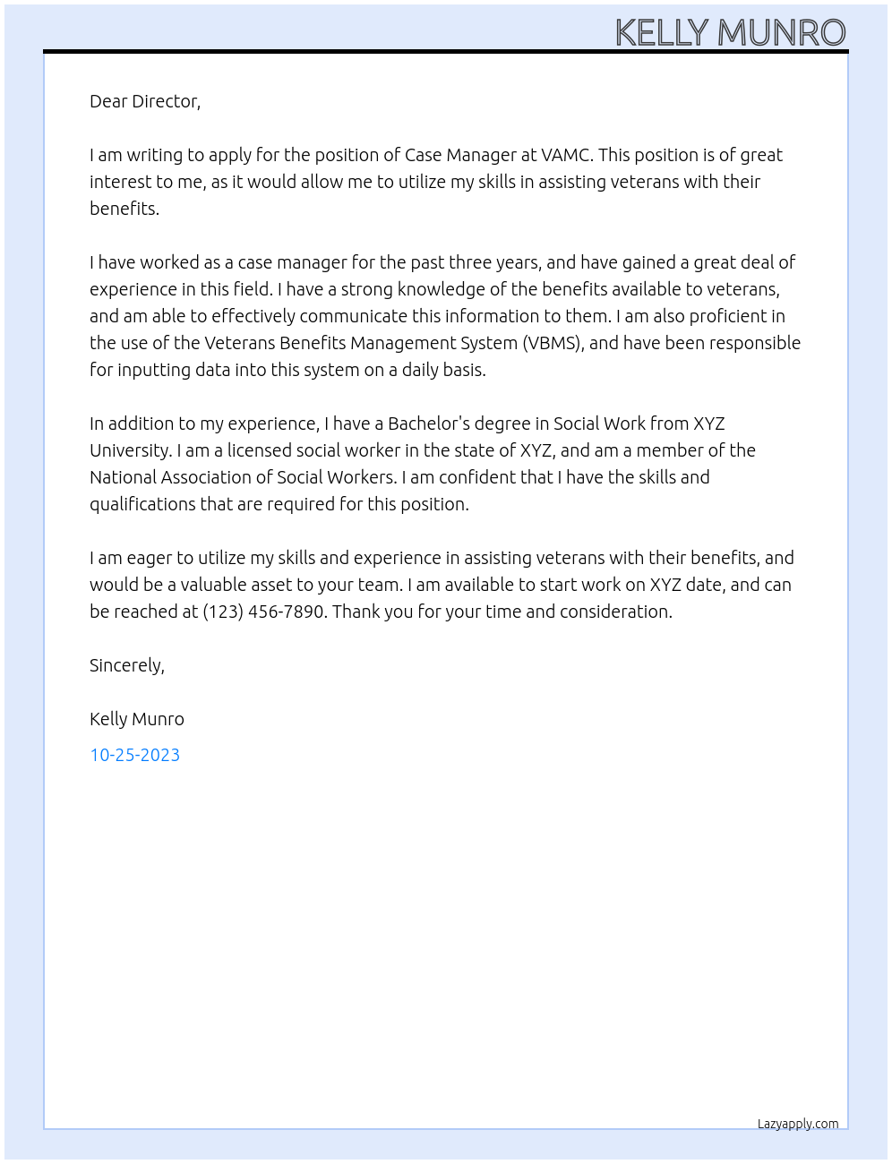 Case Manager At VAMC Cover Letter