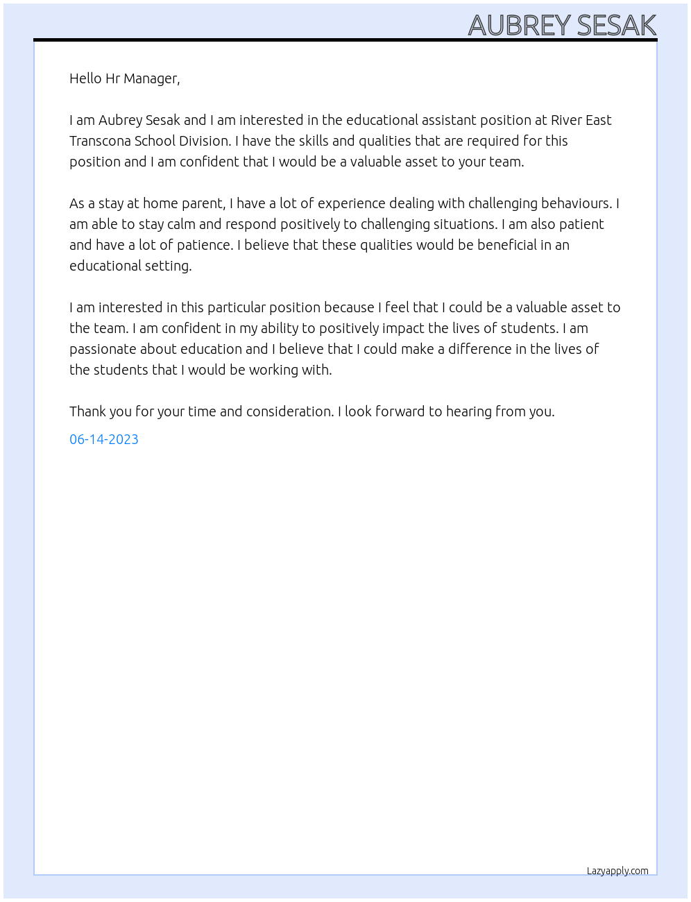 Educational assistant At River East Transcona School Division Cover Letter