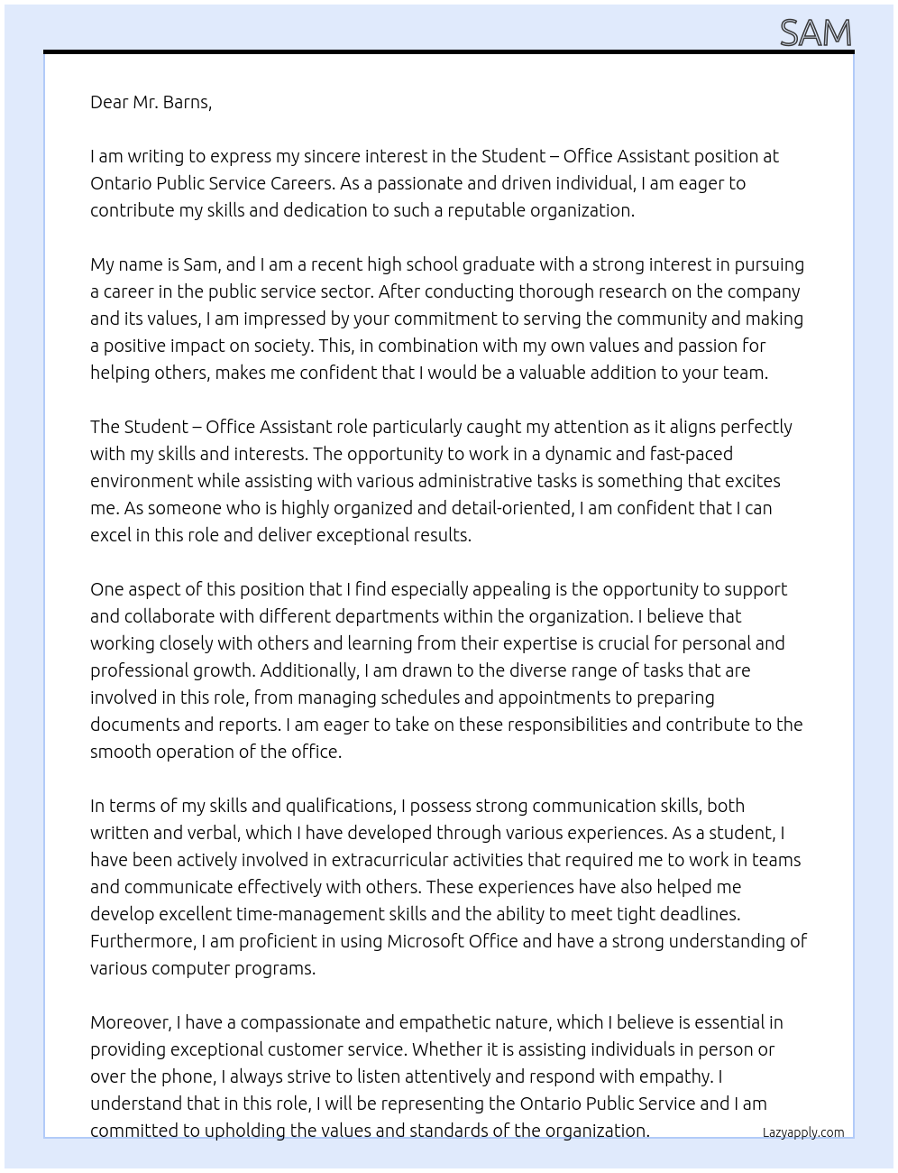 Student – Office Assistant At Ontario Public Service Careers Cover Letter