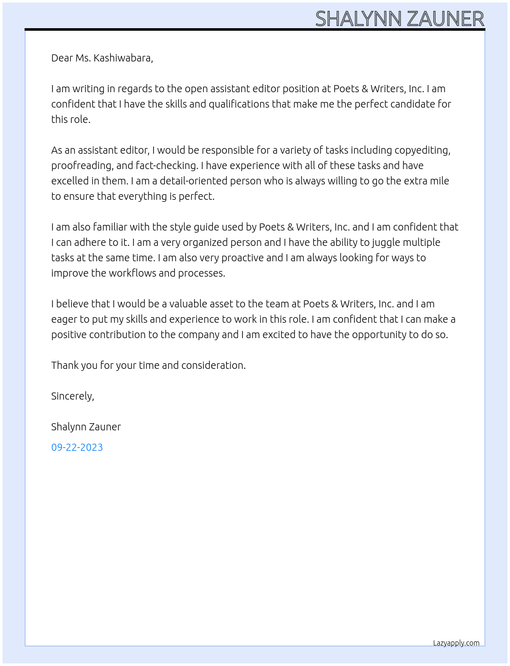 assistant editor At Poets & Writers, Inc. Cover Letter