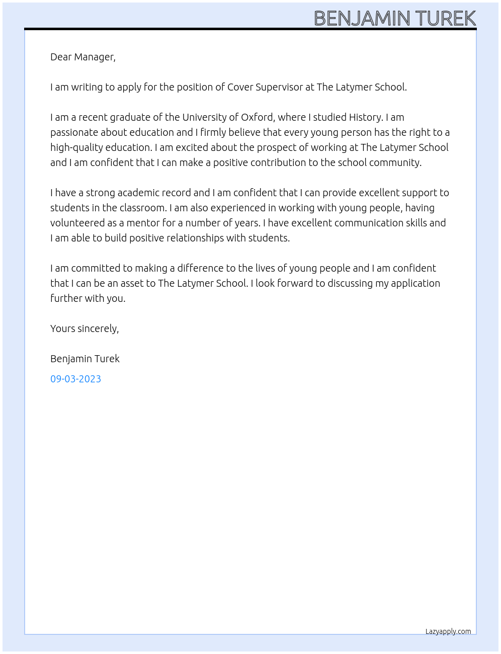 Cover Supervisor At The Latymer School Cover Letter