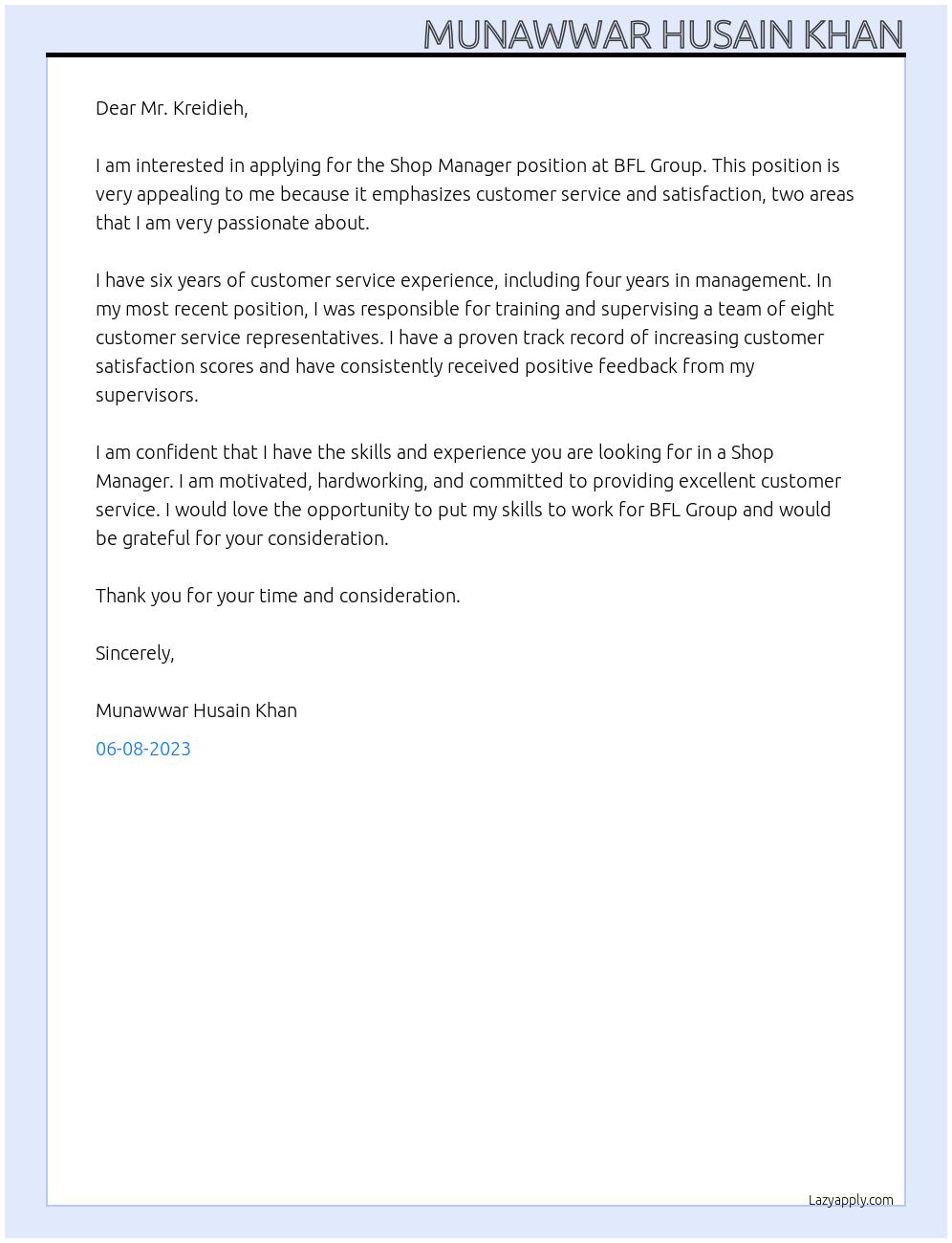 Shop Manager At BFL GROUP Cover Letter