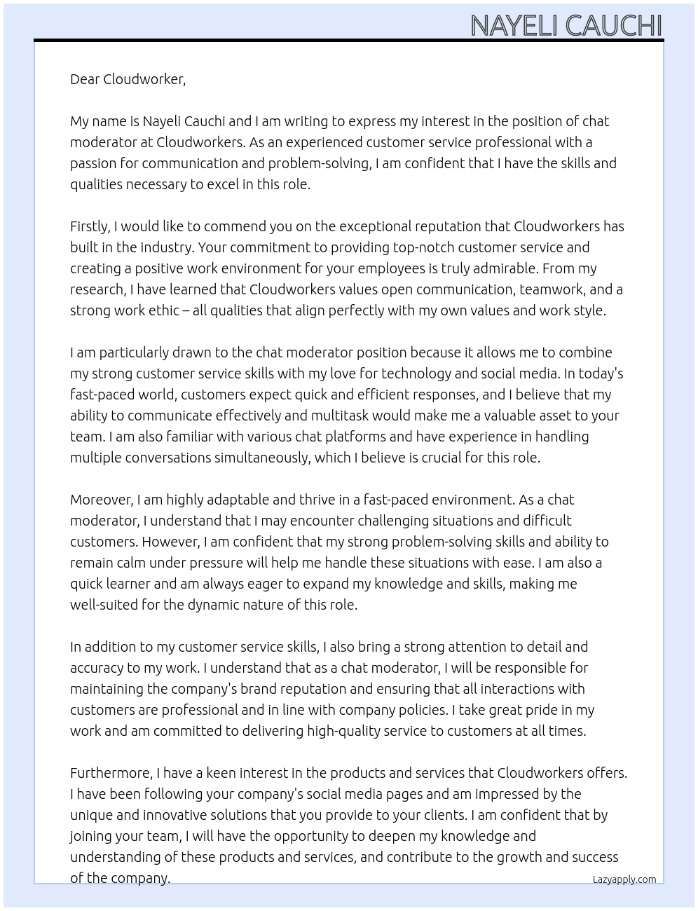 chat moderator At cloudworkers Cover Letter