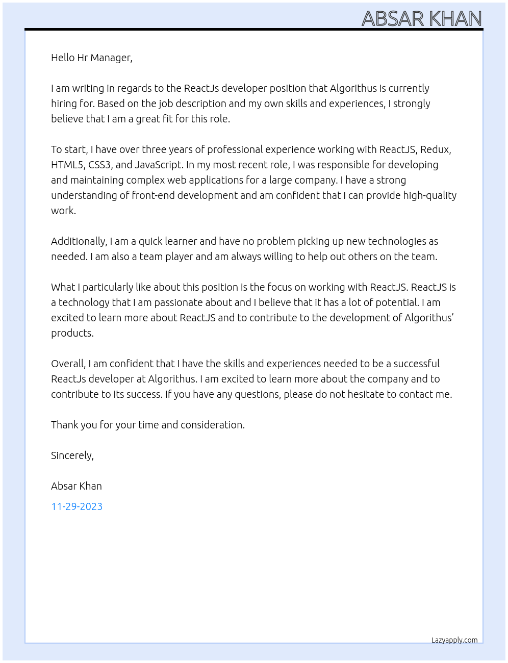 ReactJs developer At Algorithus Cover Letter