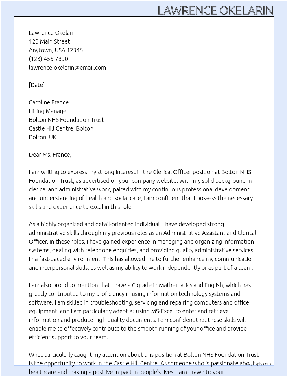 Clerical Officer At Bolton NHS Foundation Trust Cover Letter