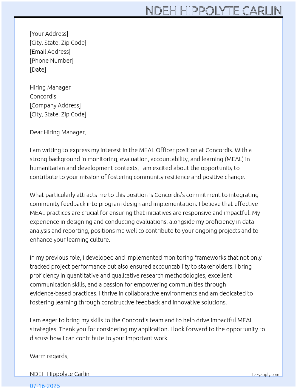 MEAL Officer At Concordis Cover Letter