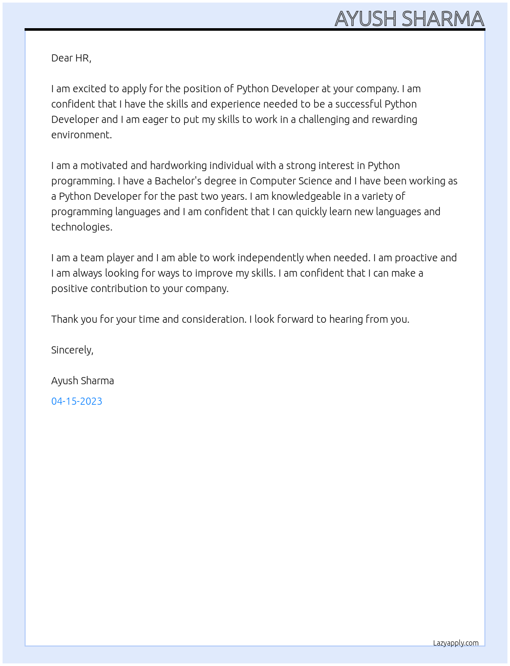 Python Developer At your Company Cover Letter