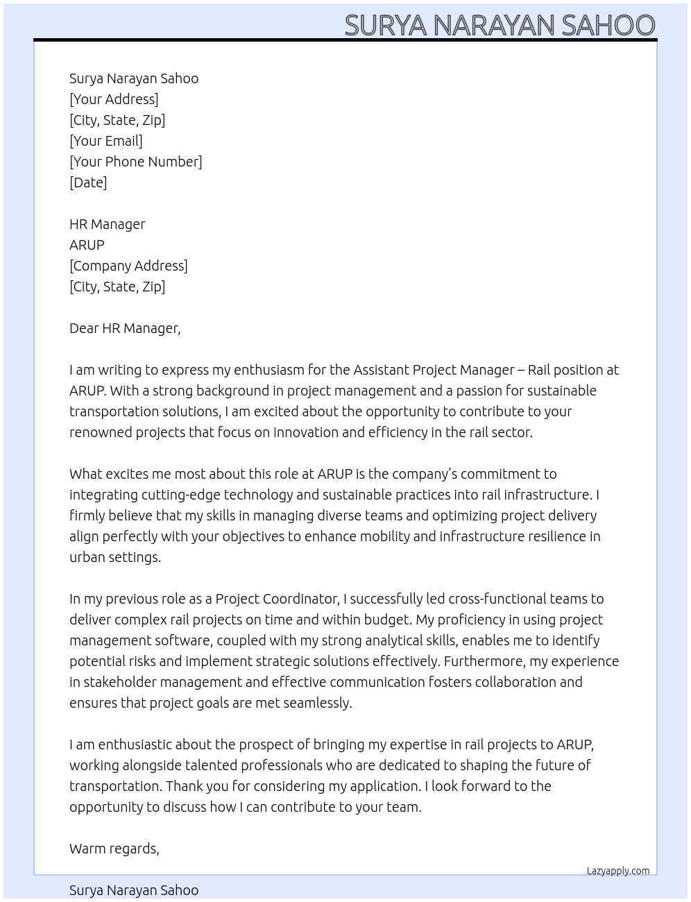 Cover letter for assistant project manager – rail - LazyApply