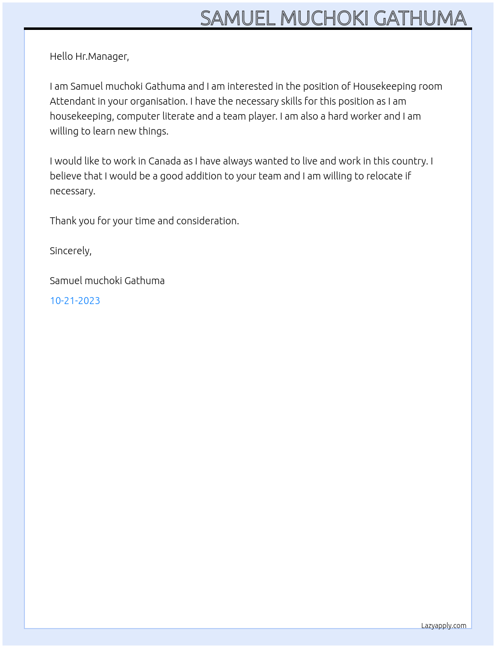 Housekeeping room Attendant  At Organisation  Cover Letter