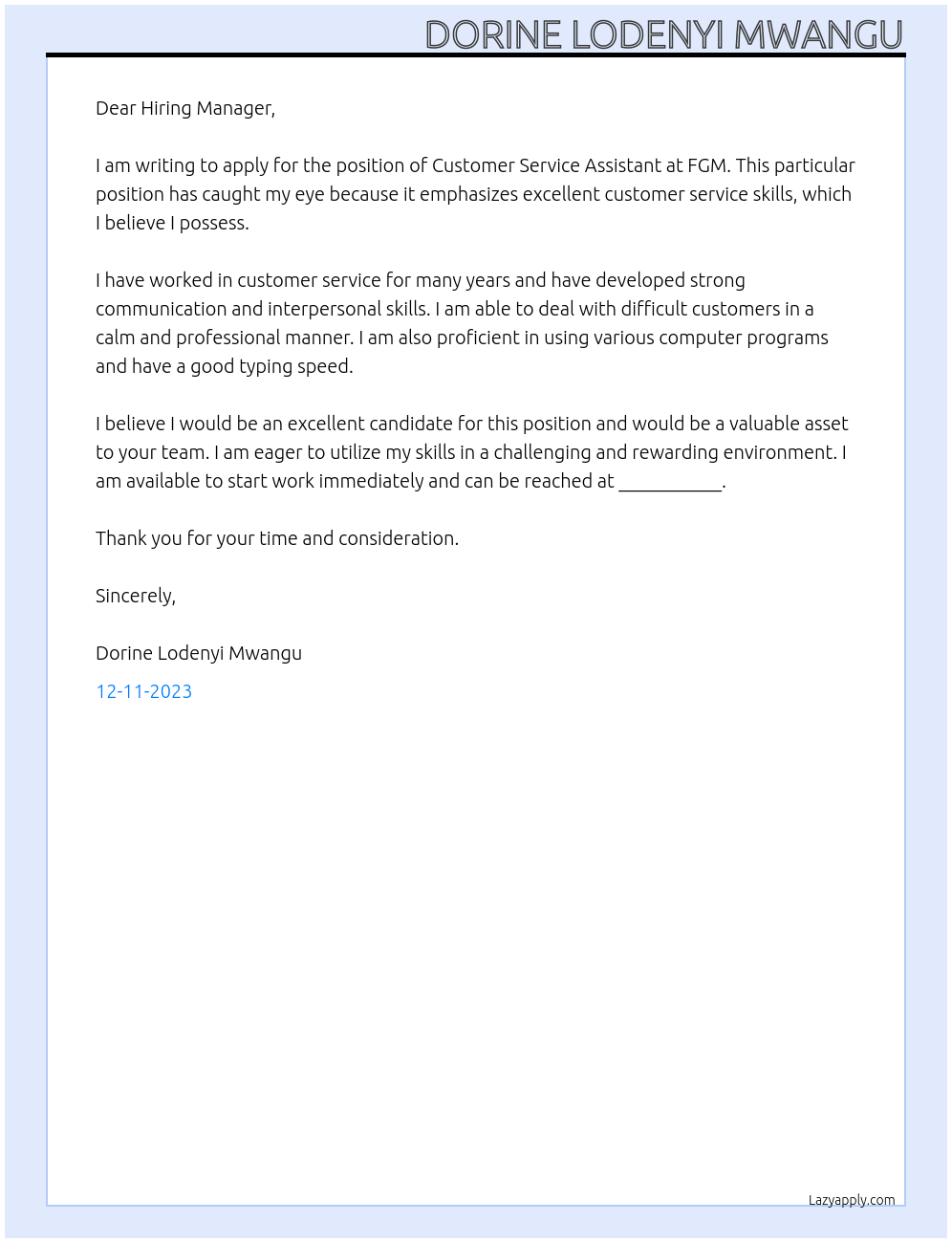 Customer Service Assistant At FGM Cover Letter