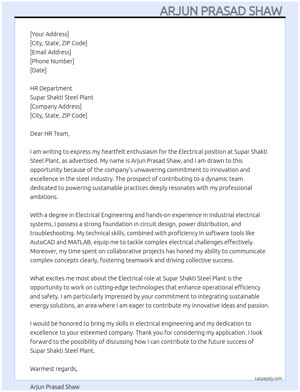Electrical At Supar shakti steel plant Cover Letter