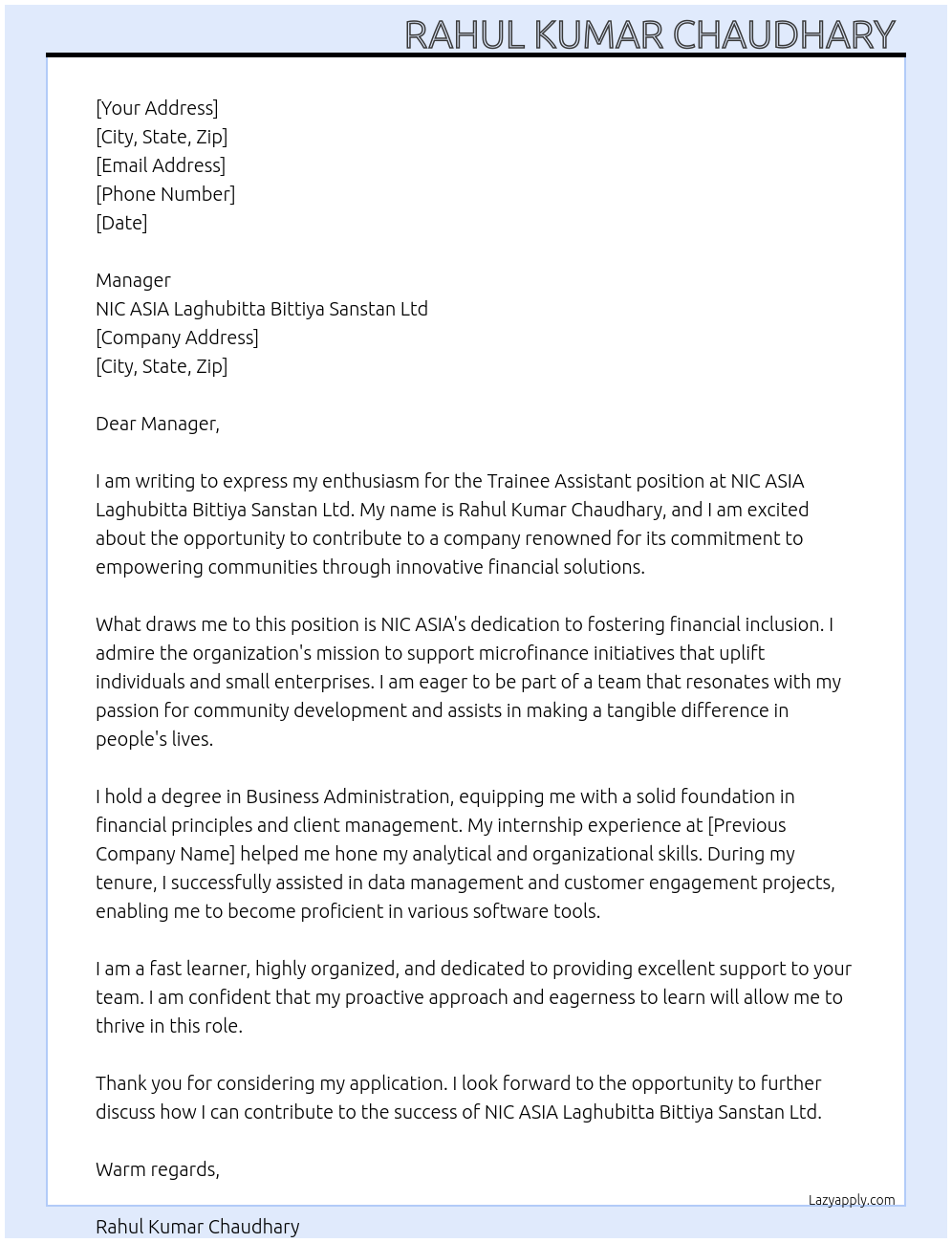 Trainee Assistant At NIC ASIA Laghubitta Bittiya Sanstan ltd Cover Letter