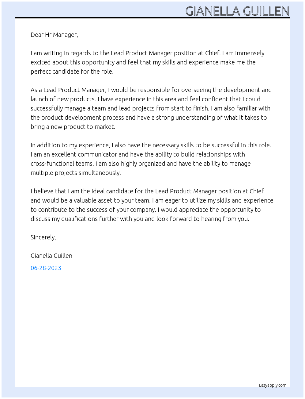 Lead Product Manager At Chief Cover Letter