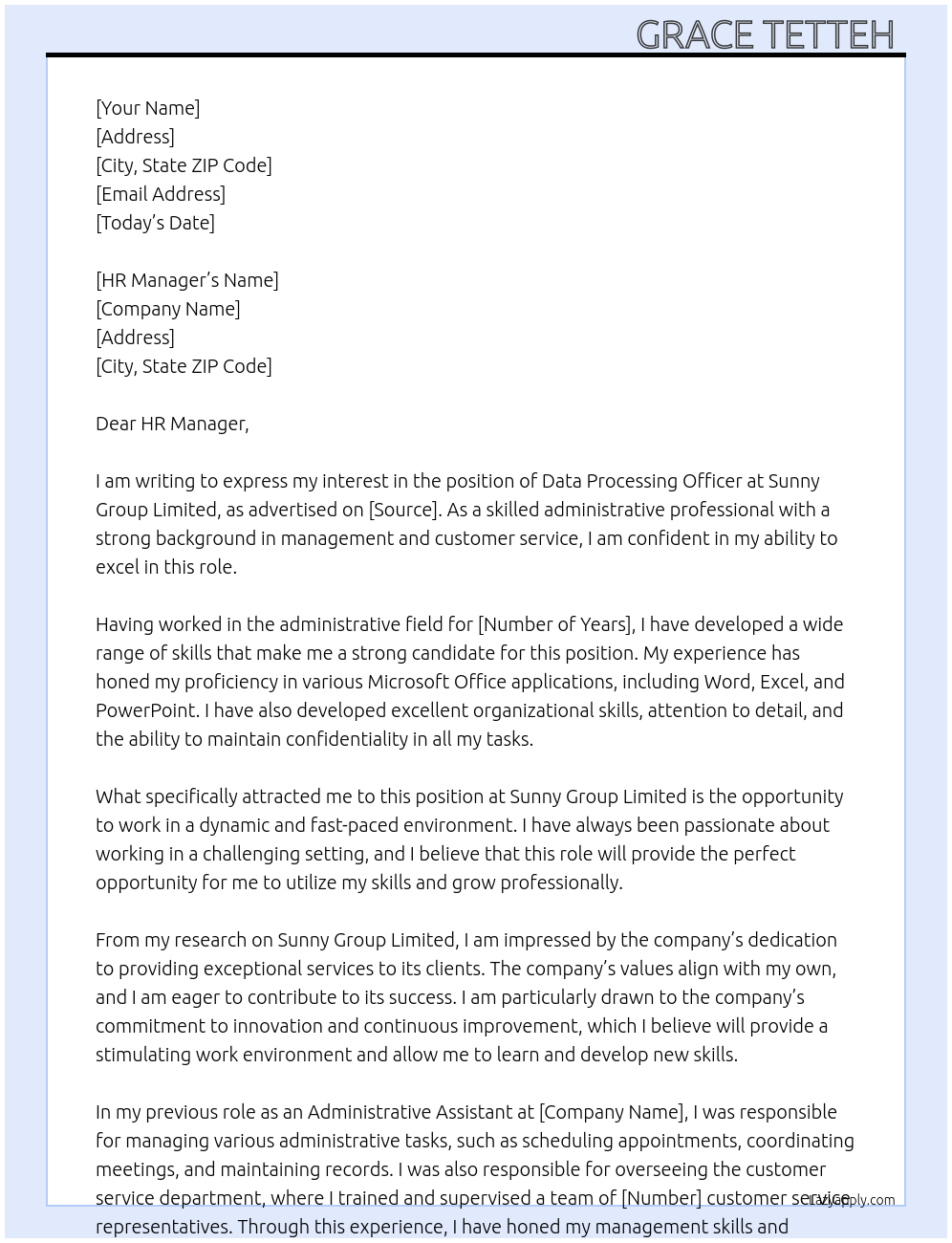 Data Processing Officer At Sunny Group Limited  Cover Letter