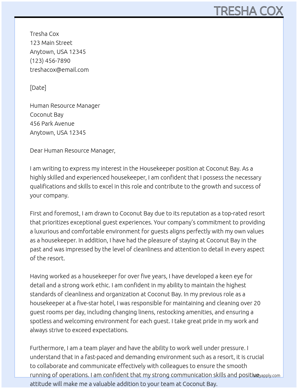 Housekeeper At Coconut Bay Cover Letter