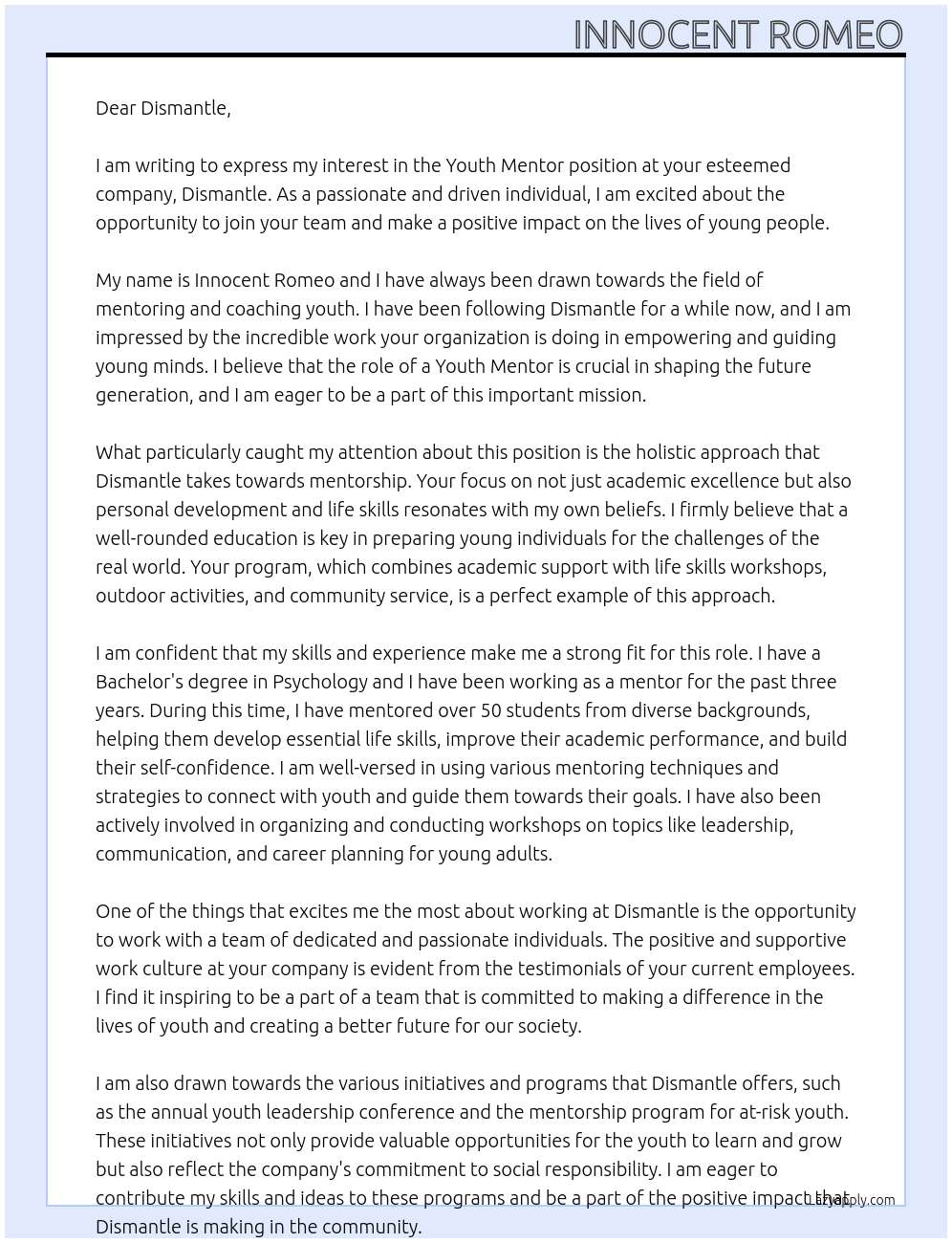 Youth Mentor  At Dismantle  Cover Letter