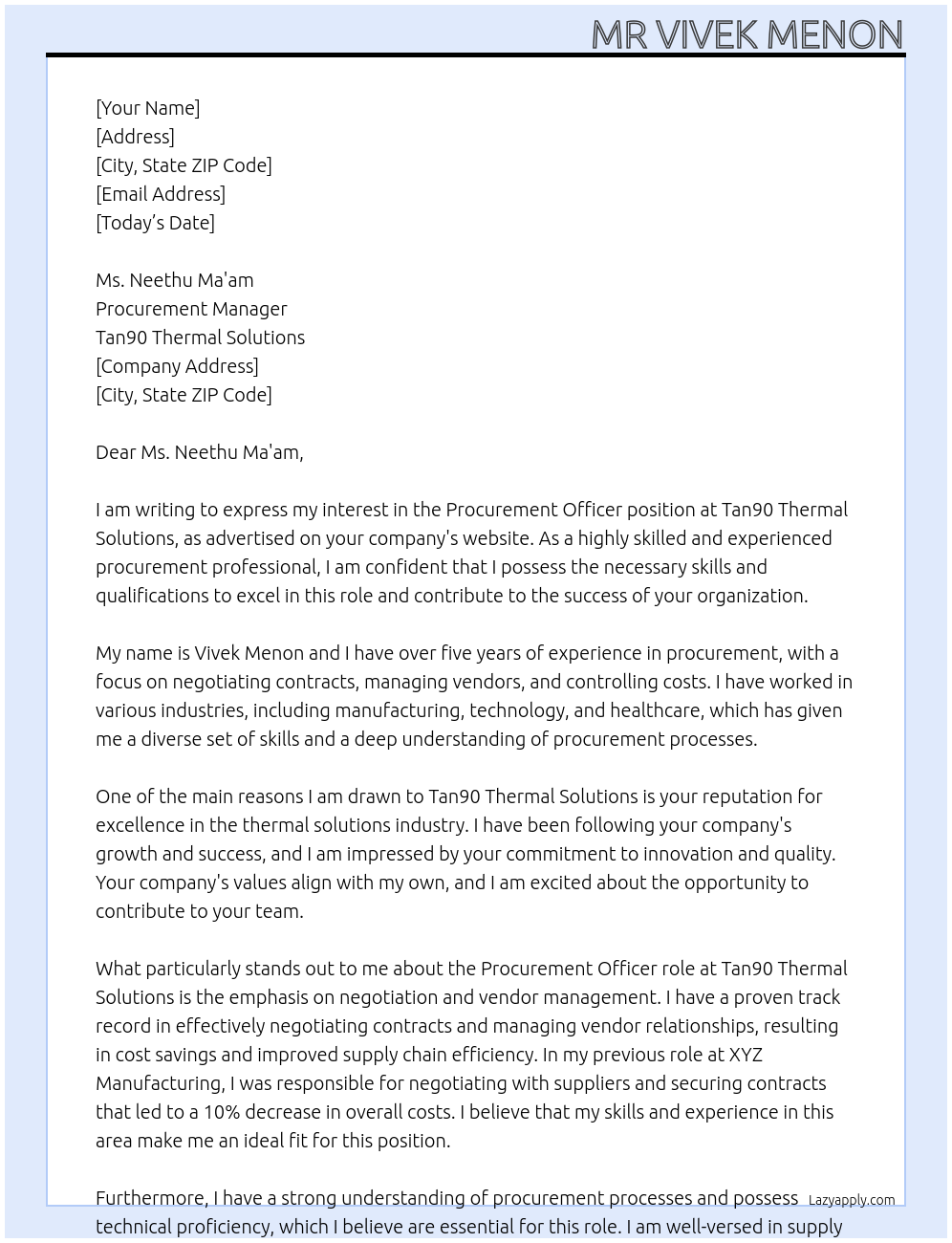 Procurement officer At Tan90 Thermal Solutions Cover Letter