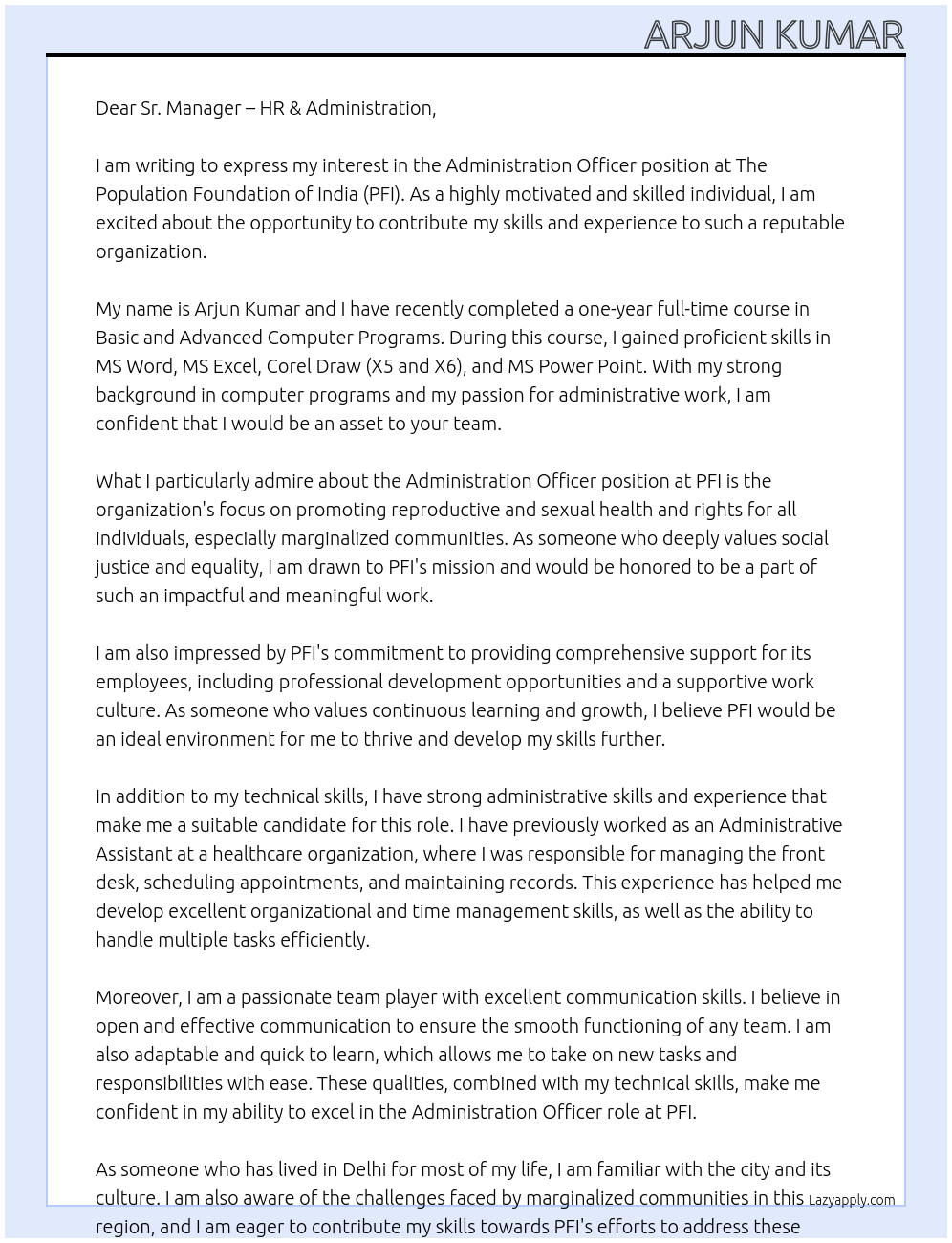 Administration Officer At The Population Foundation of India (PFI) Cover Letter