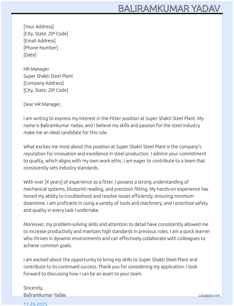 FITTER At SUPER SHAKTI STEEL PLANT Cover Letter