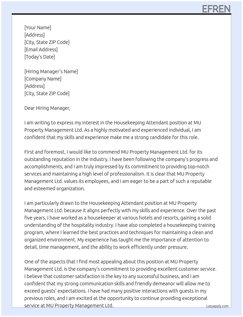 housekeeping attendant At MU Property Management Ltd. Cover Letter