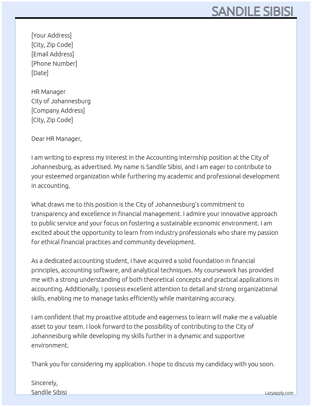 Cover letter for accounting internship - LazyApply