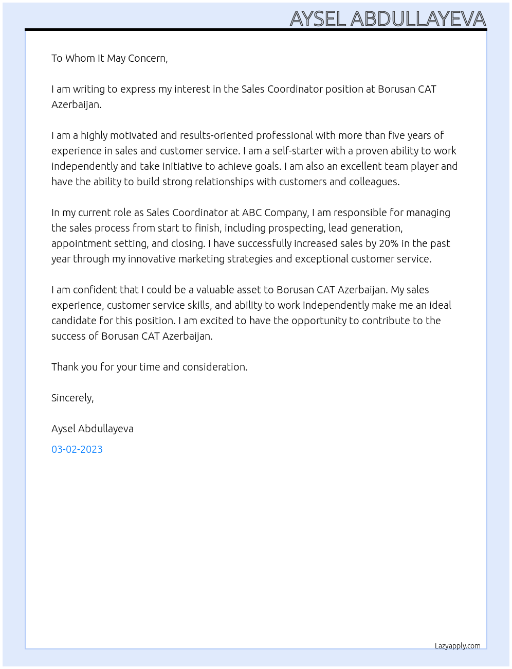 Sales Coordinator At Borusan CAT Azerbaijan Cover Letter