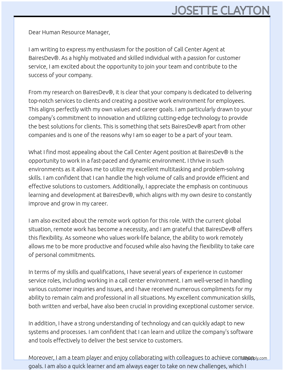 CALL CENTER AGENT At BairesDev® Cover Letter