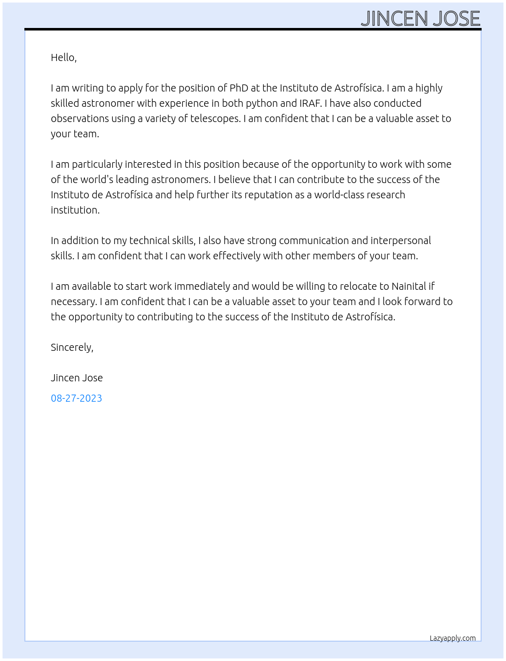 phd At Instituto de Astrofísica Cover Letter