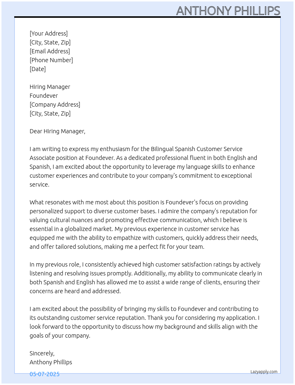 Cover letter for bilingual spanish customer service associate - LazyApply
