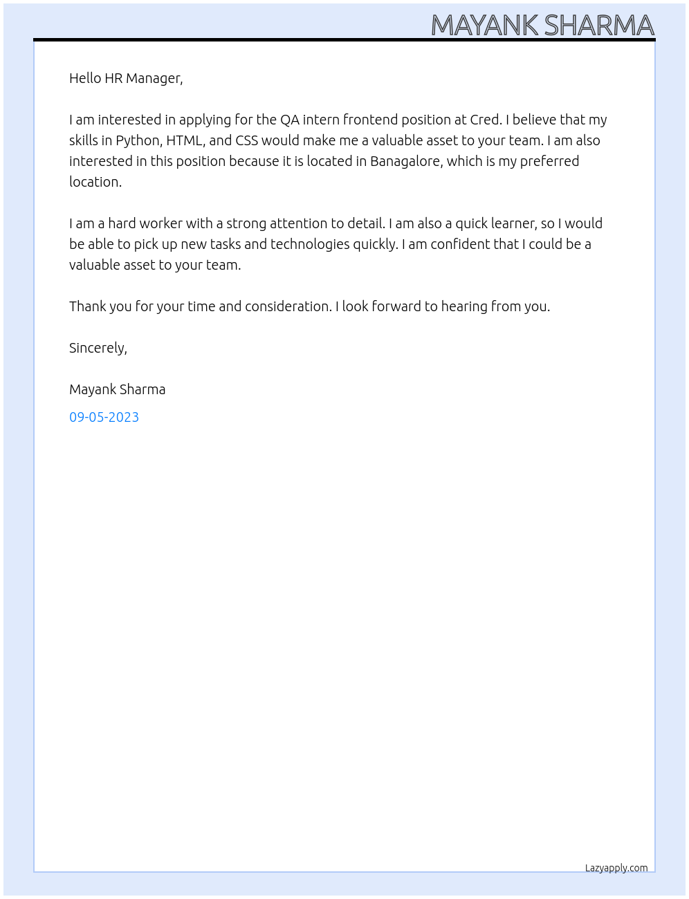 QA intern frontend At Cred Cover Letter