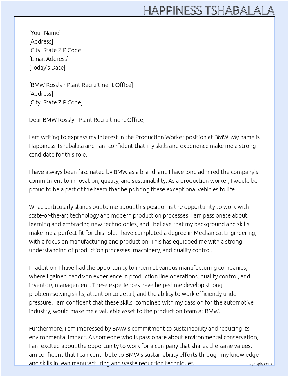 Production worker At BMW Cover Letter