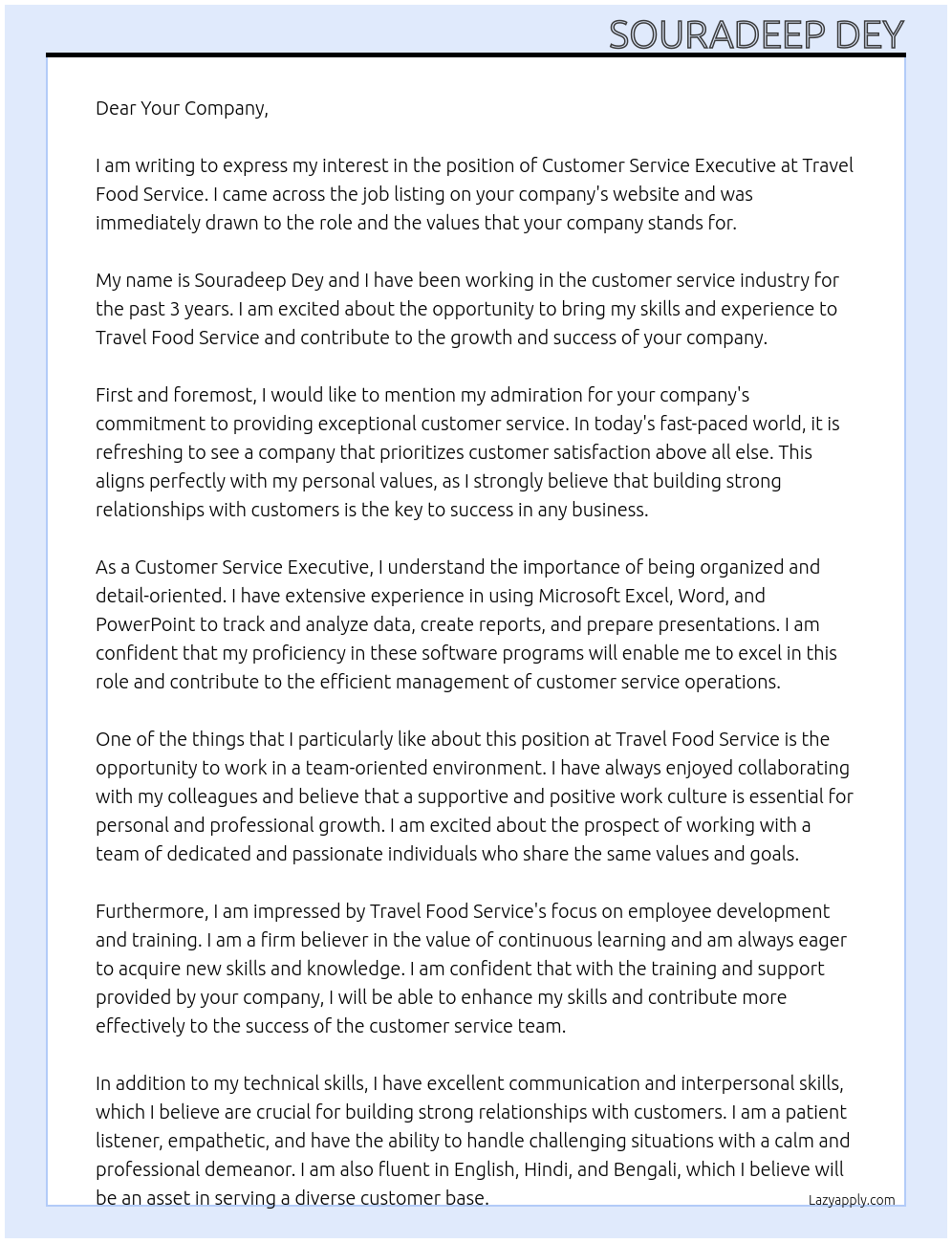 Customer Service Executive At Travel Food Service Cover Letter