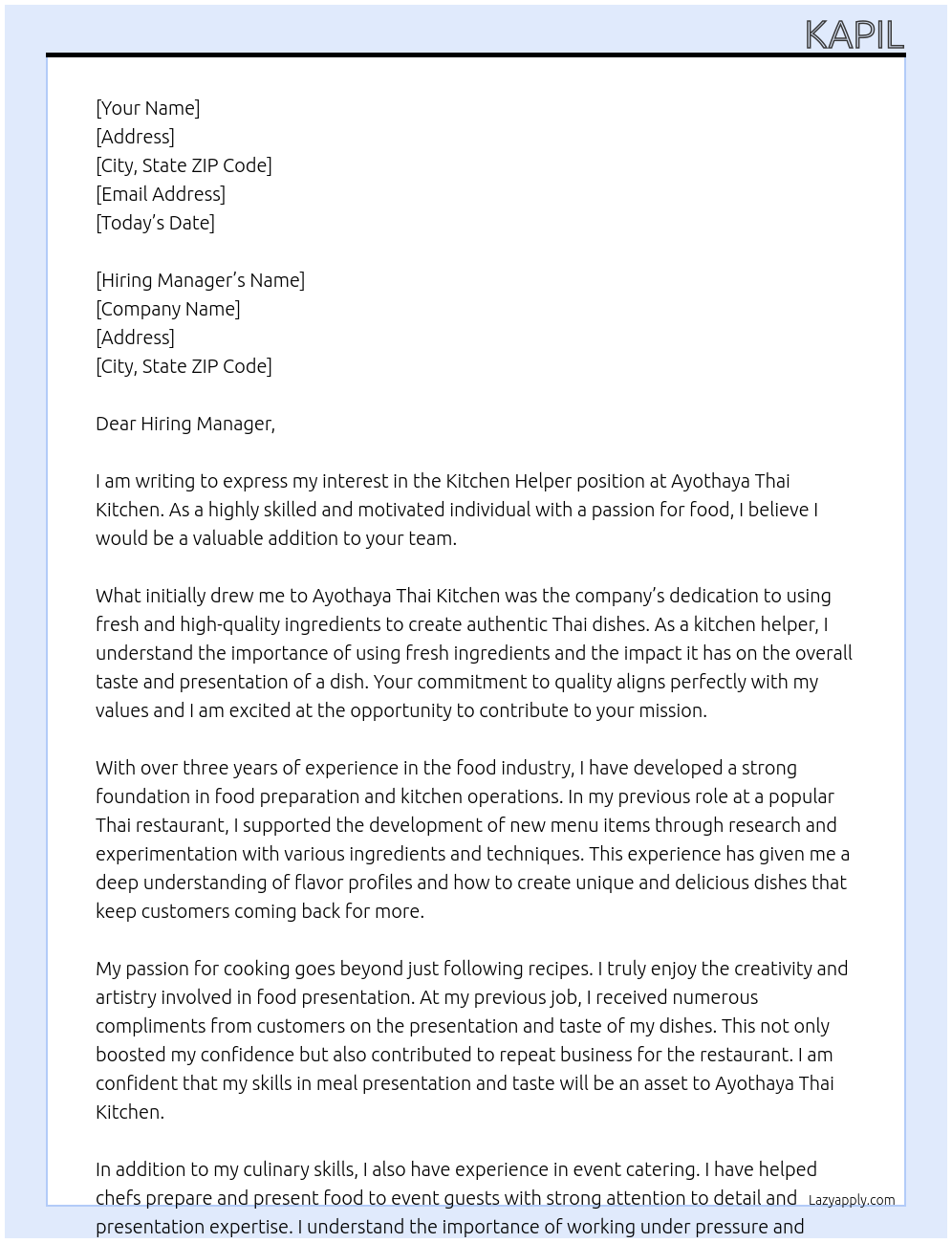 Kitchen Helper At AYOTHAYA THAI KITCHEN Cover Letter