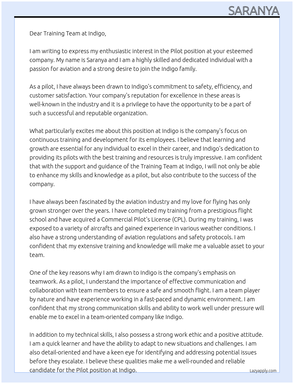 Pilot At Indigo Cover Letter