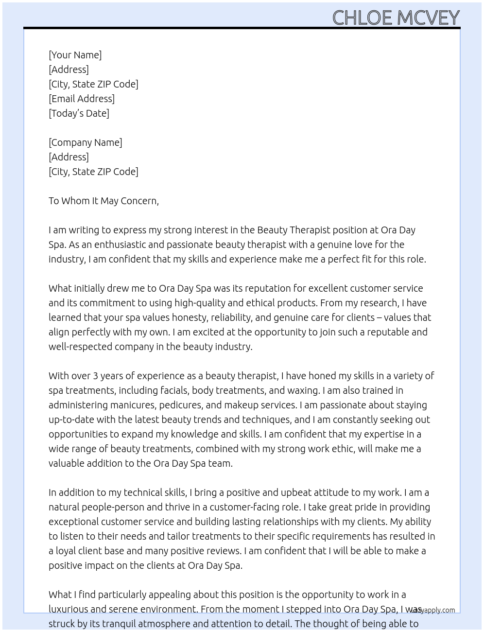 Beauty Therapist At Ora Day Spa Cover Letter