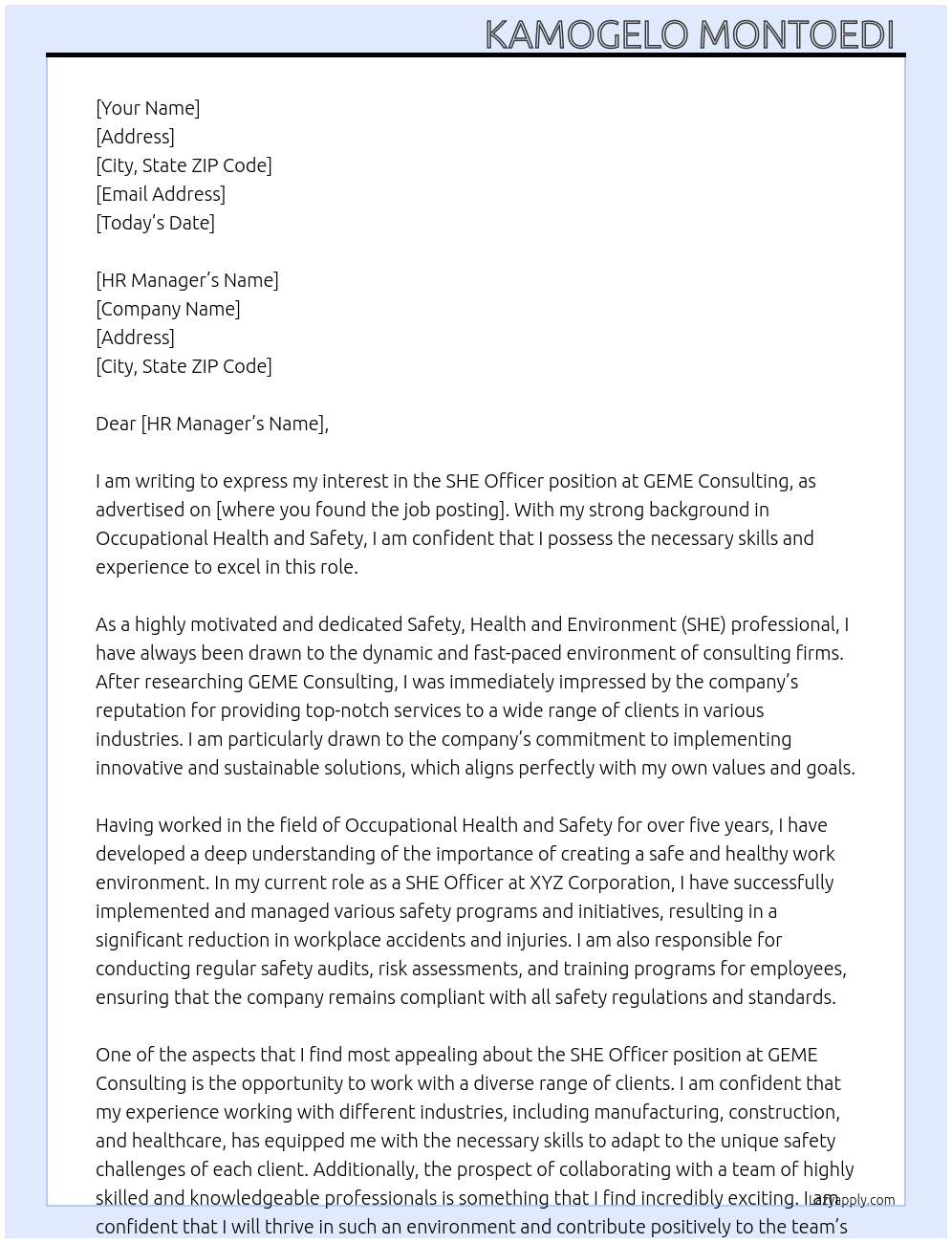 SHE Officer At GEME Consulting Cover Letter