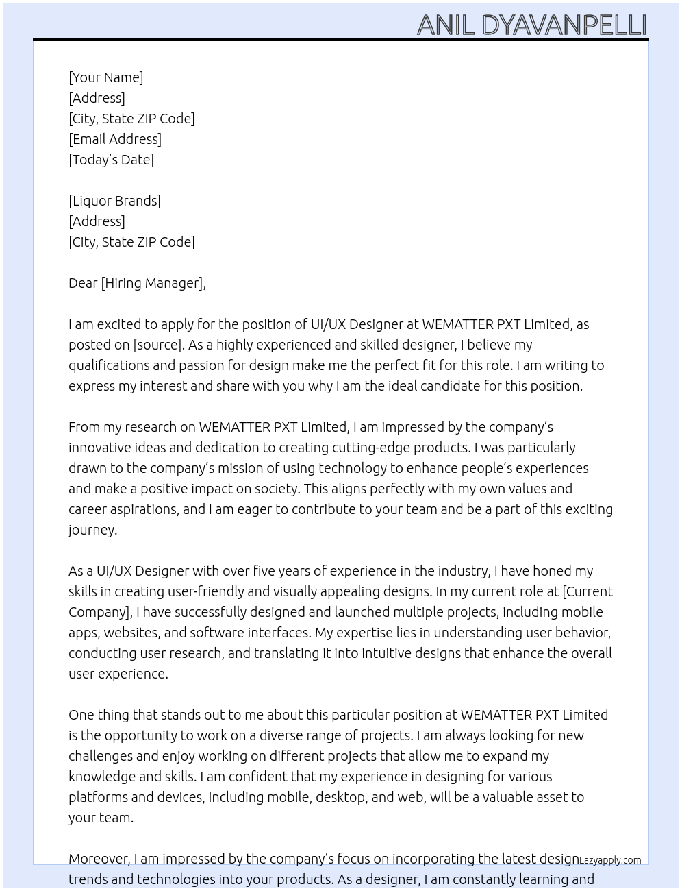 Cover letter for ui/ux designer - LazyApply