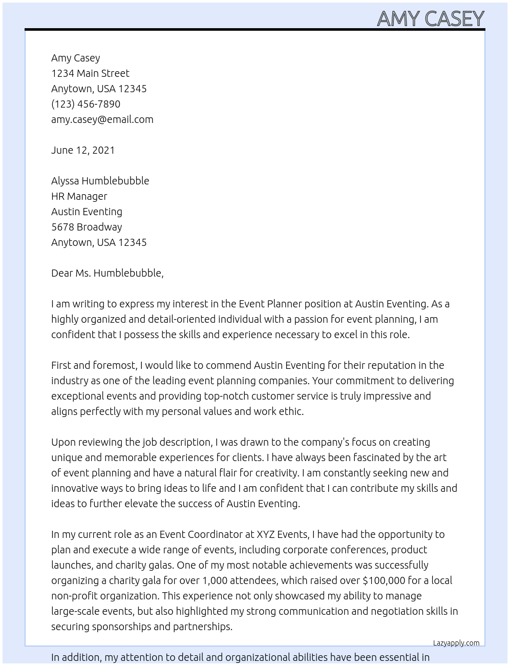 Event Planner At Austin Eventing Cover Letter