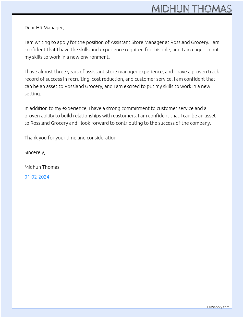 Assistant Store Manager At Rossland Grocery Cover Letter