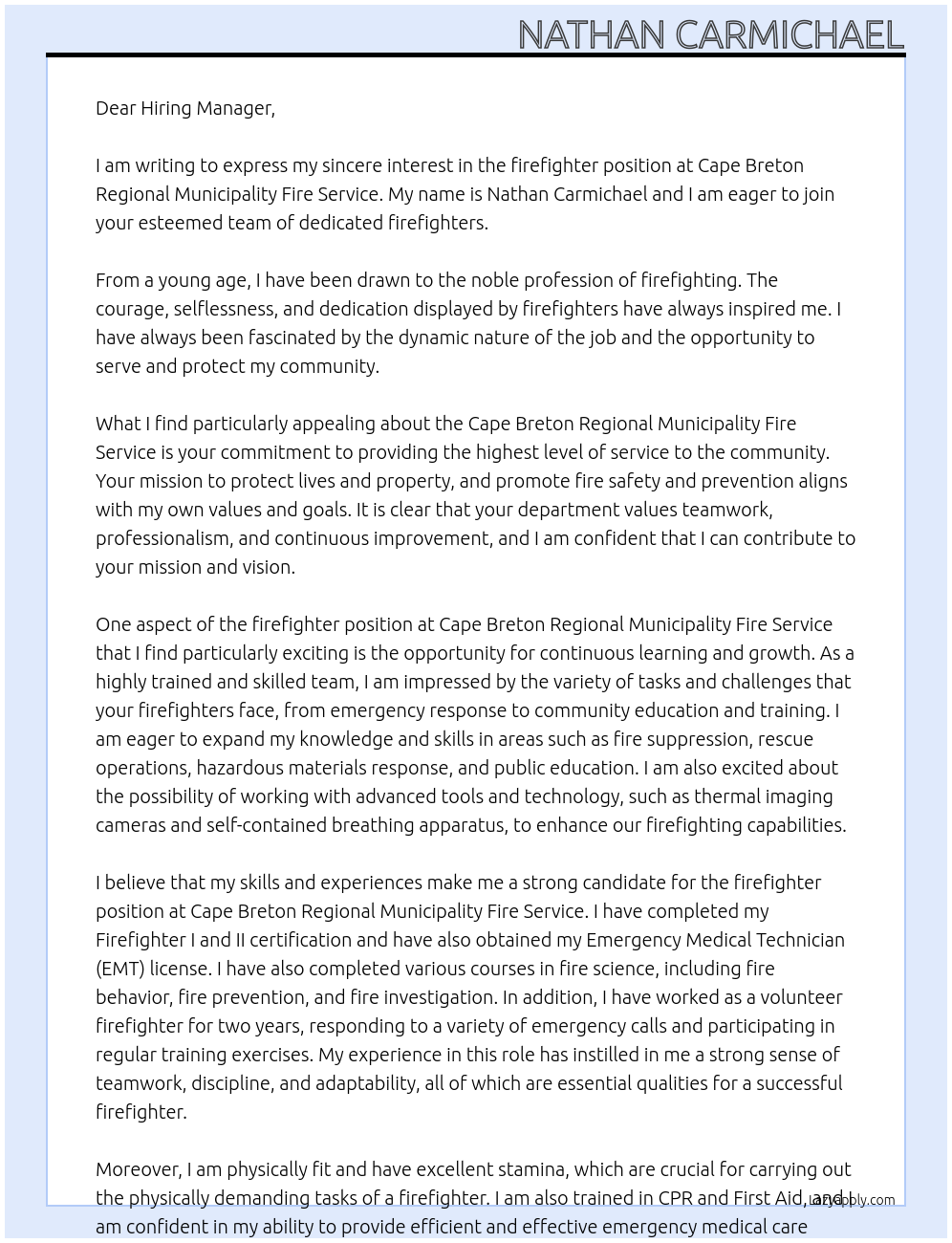 firefighter At Cape Breton Regional Municaplity Fire Service Cover Letter