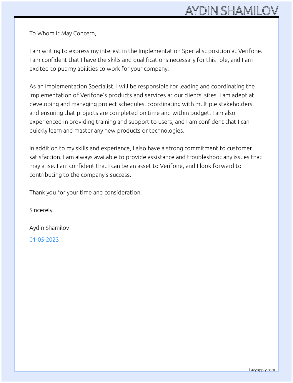 Implementation Specialist At Verifone Cover Letter