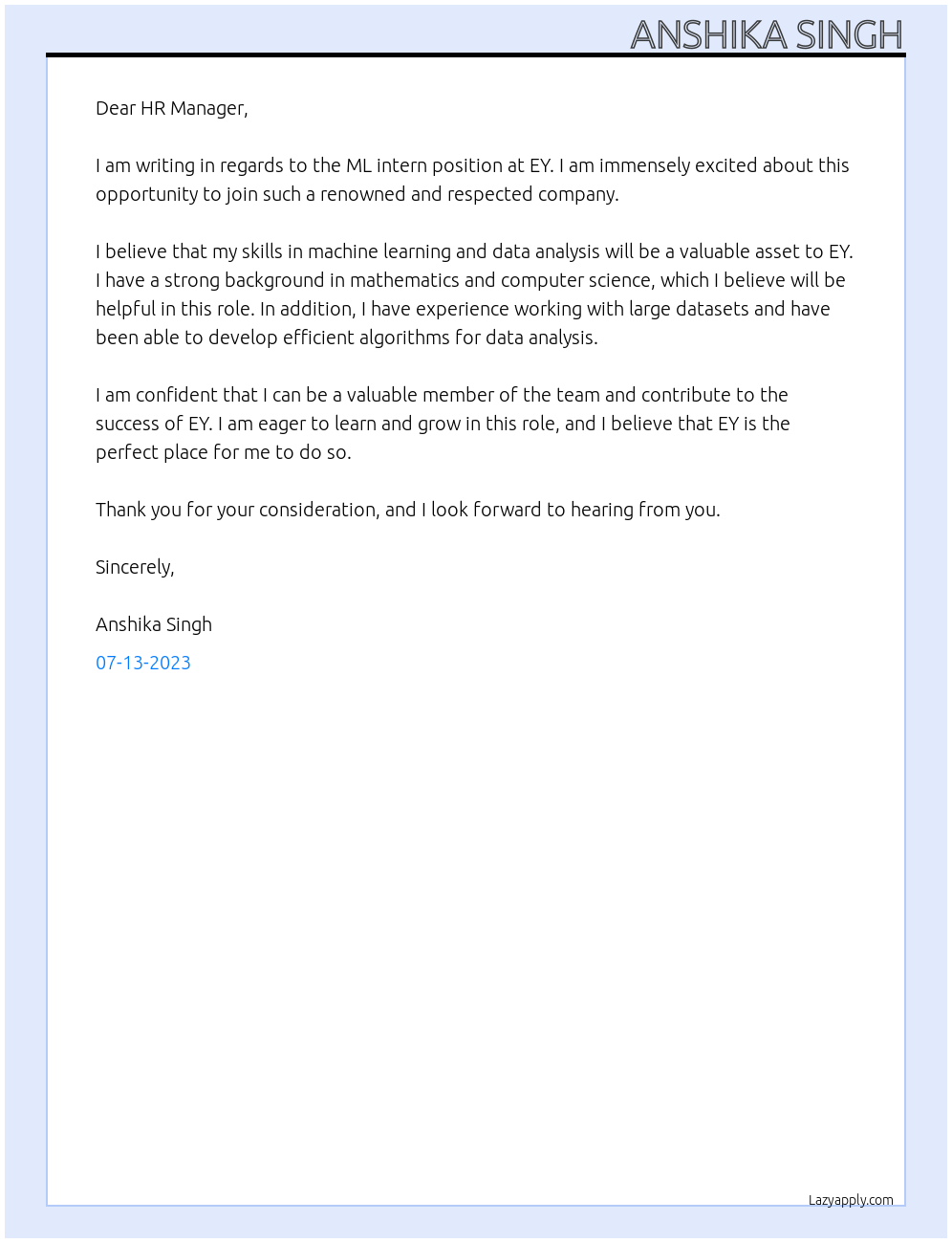 ML intern At EY Cover Letter