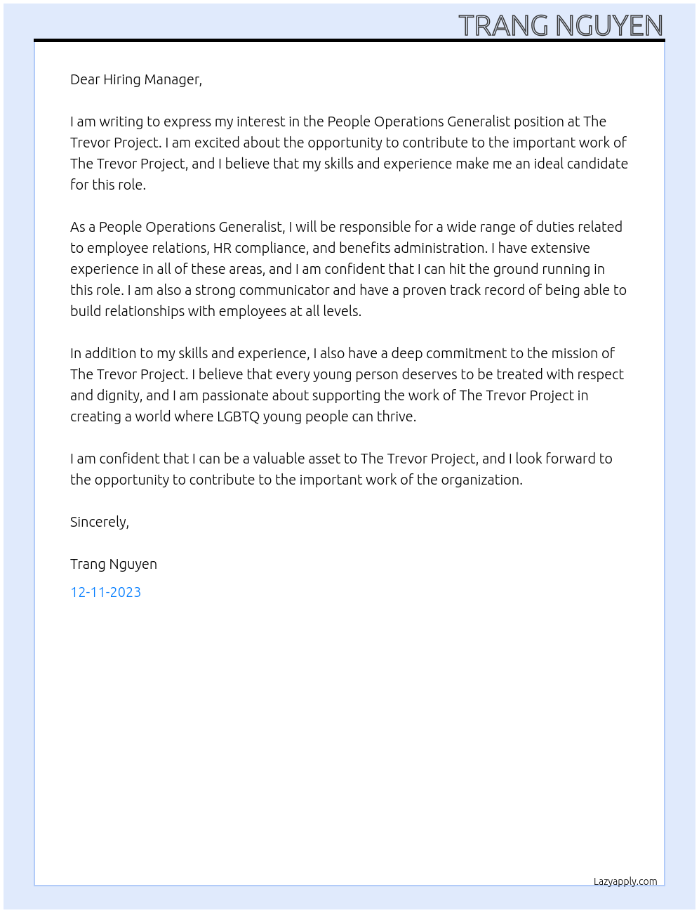 People Operations Generalist At The Trevor Project Cover Letter