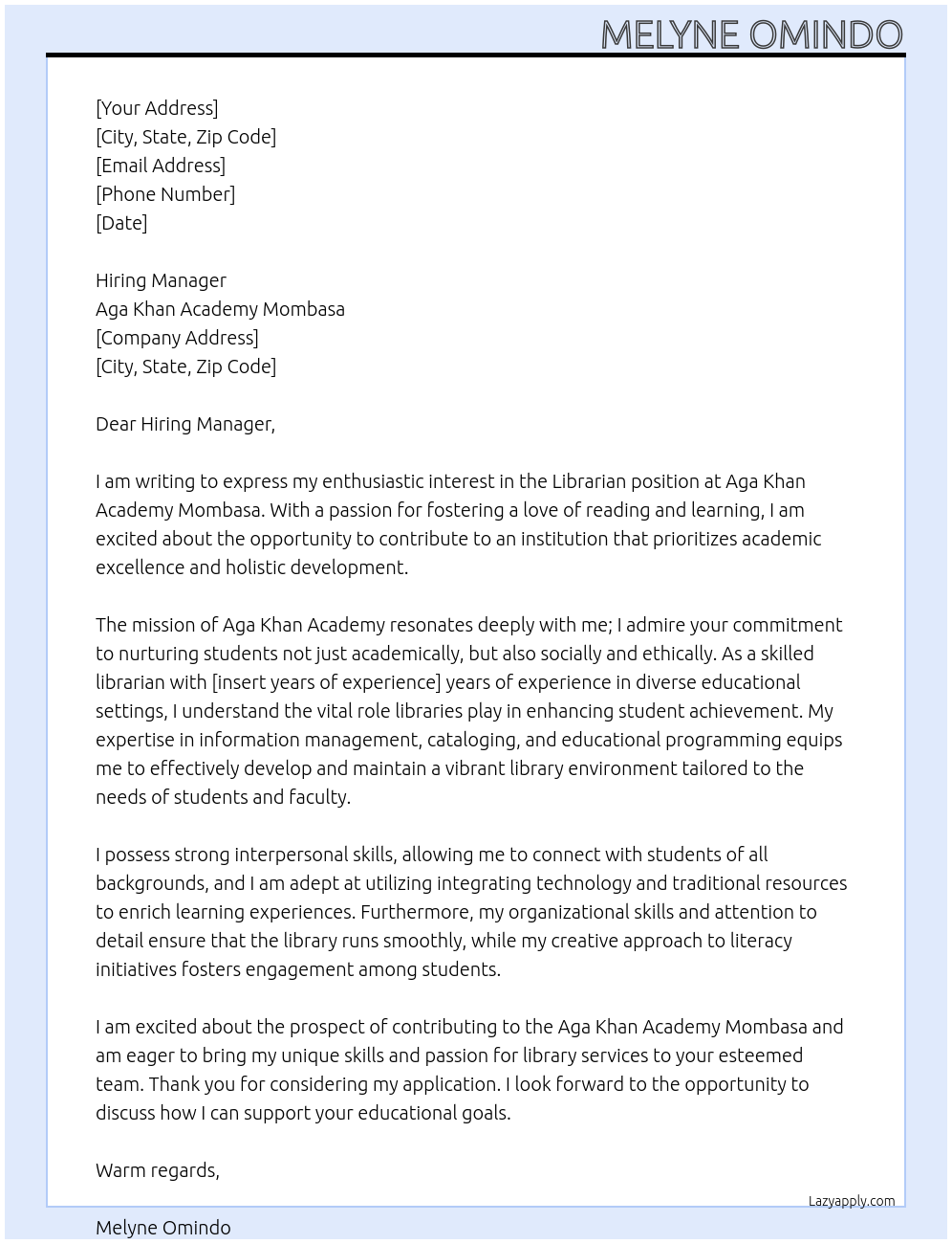 Librarian At Aga Khan Academy Mombasa Cover Letter