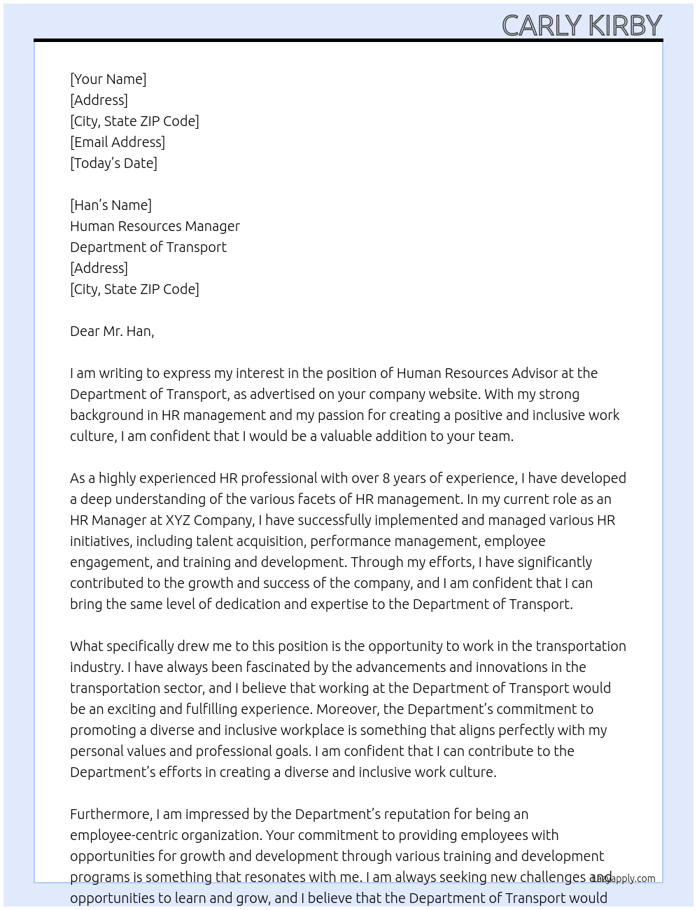 human resources advisor At Department of Transport Cover Letter