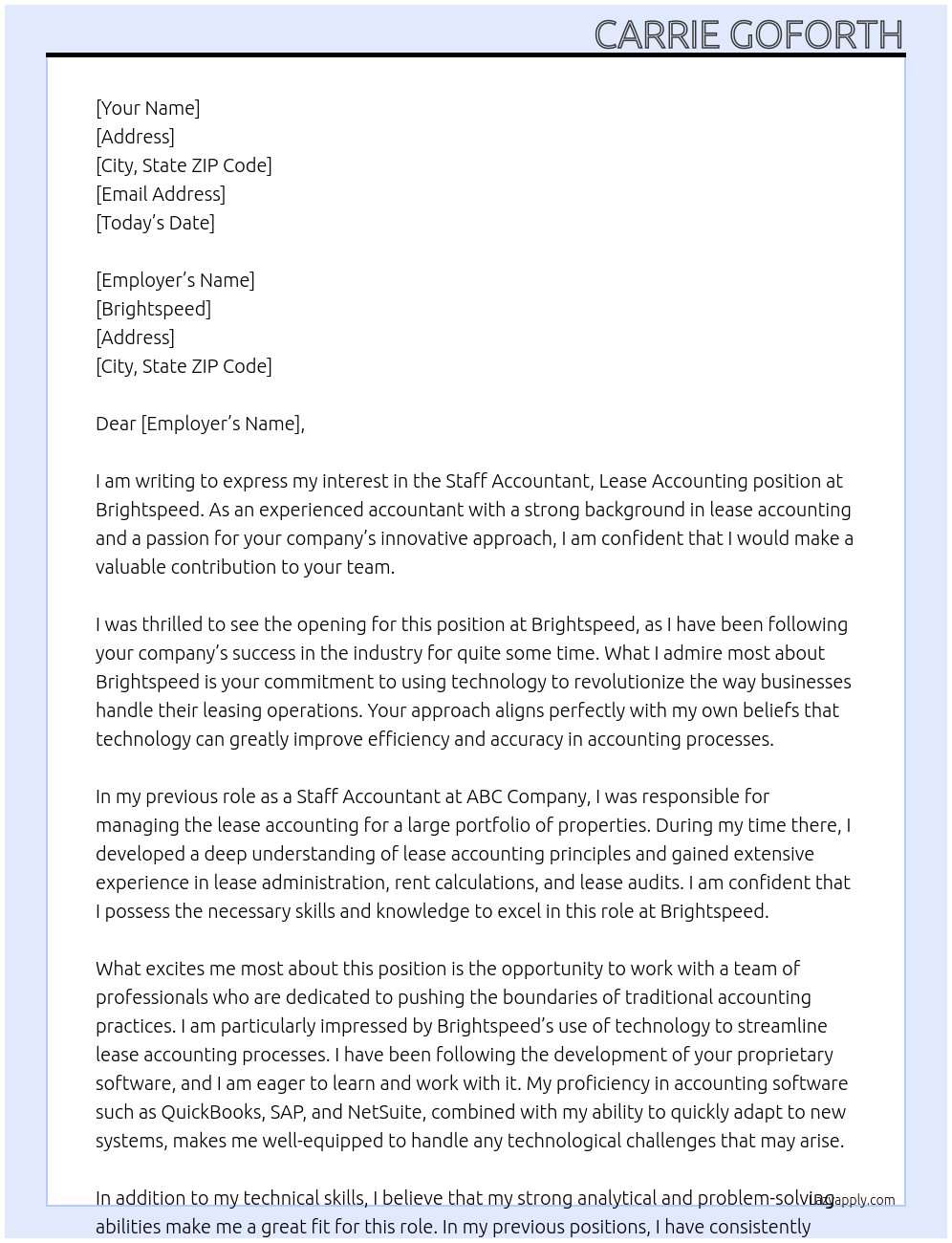 Staff Accountant, Lease Accounting At Brightspeed Cover Letter