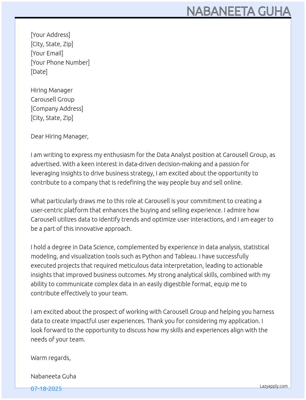 Data Analyst At Carousell Group Cover Letter