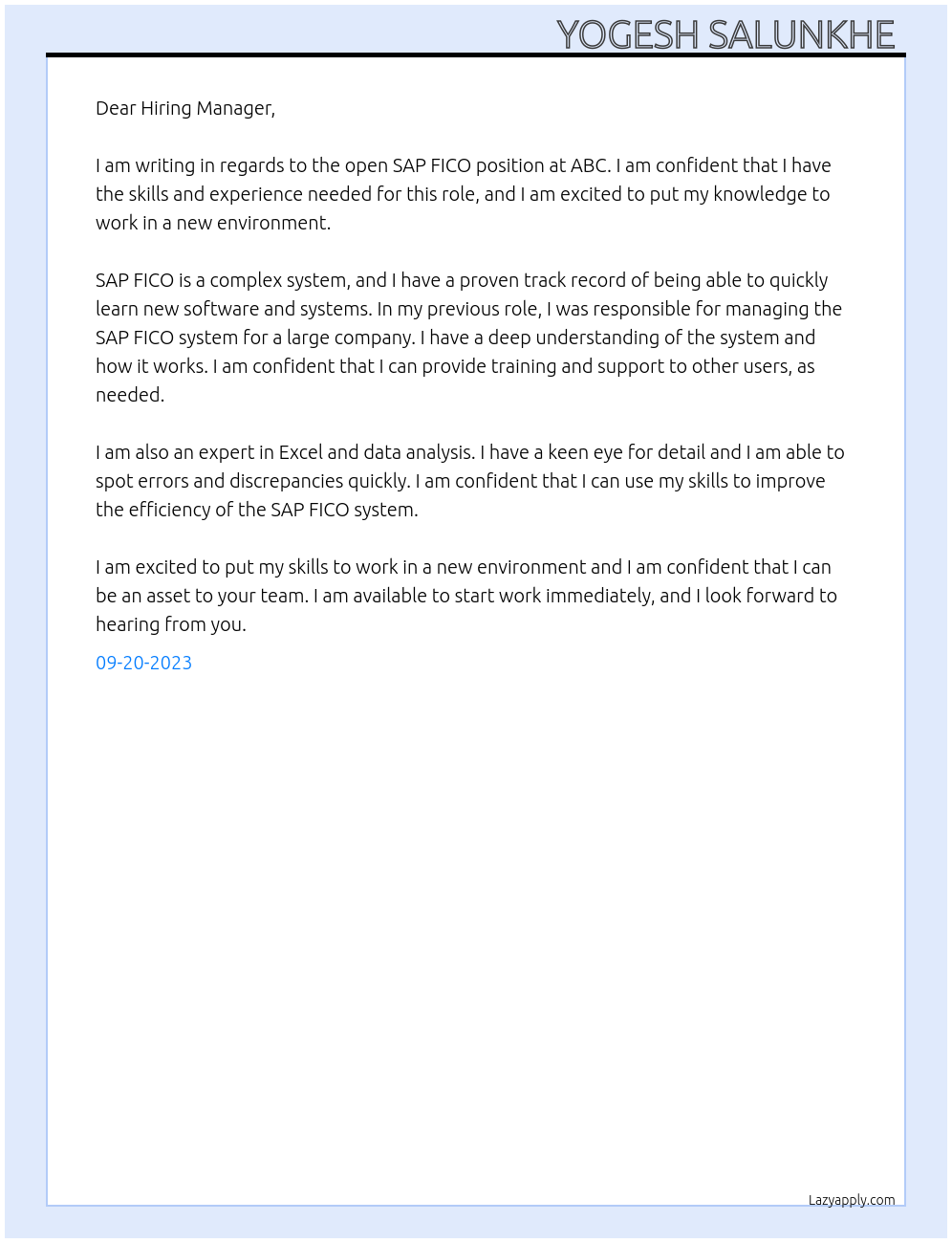 sap fico At abc Cover Letter