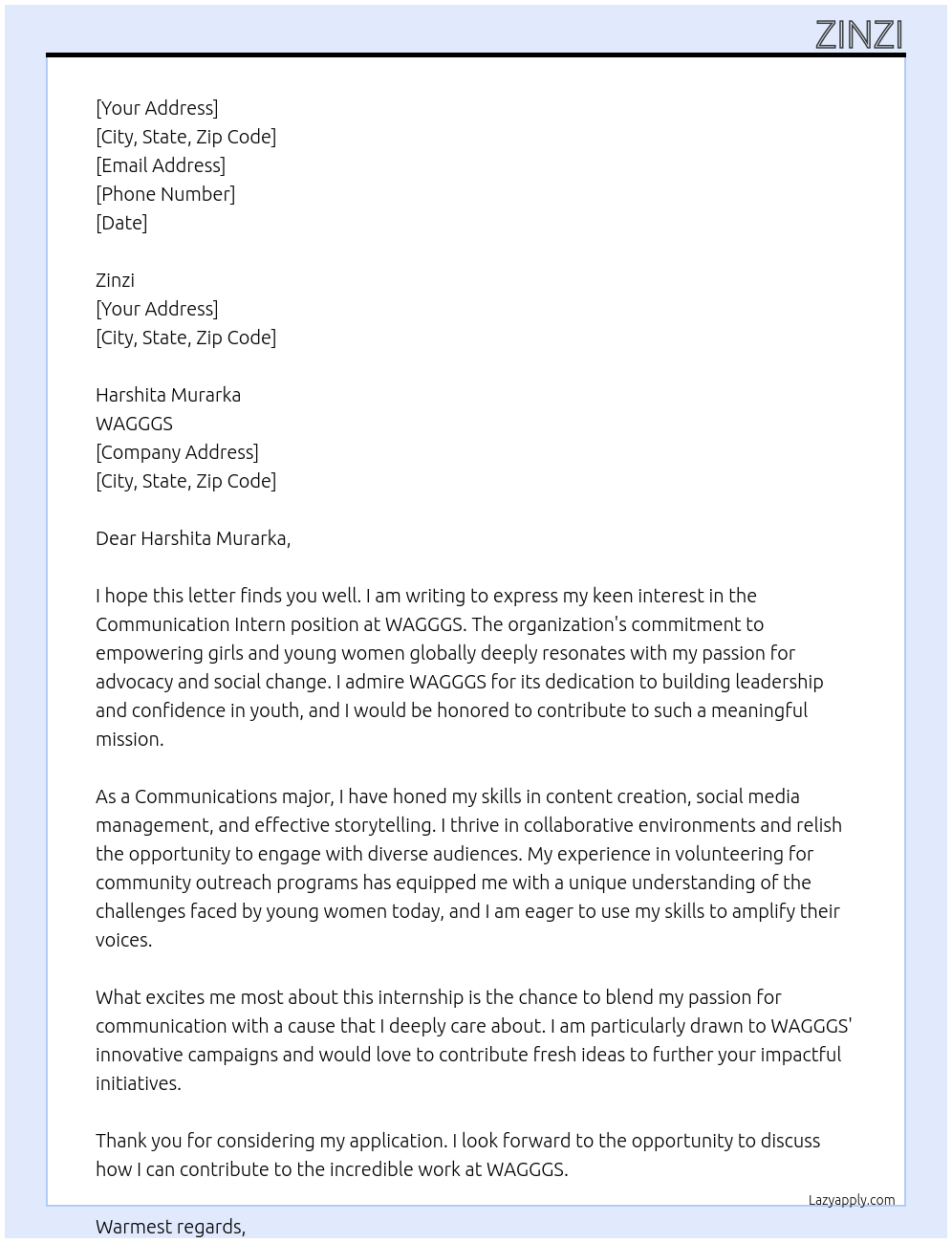 Cover letter for communication intern - LazyApply